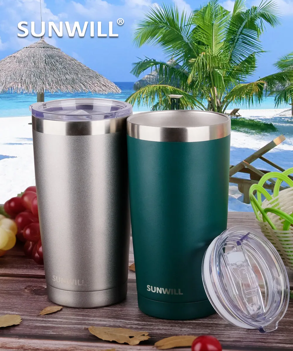 SUNWILL tumblers on a table by the sea