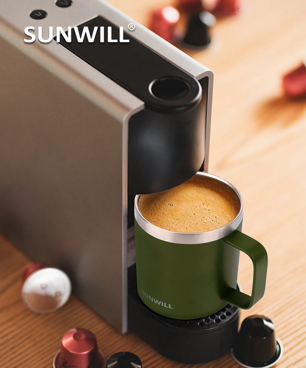 A SUNWILL mug under a coffee machine in the morning