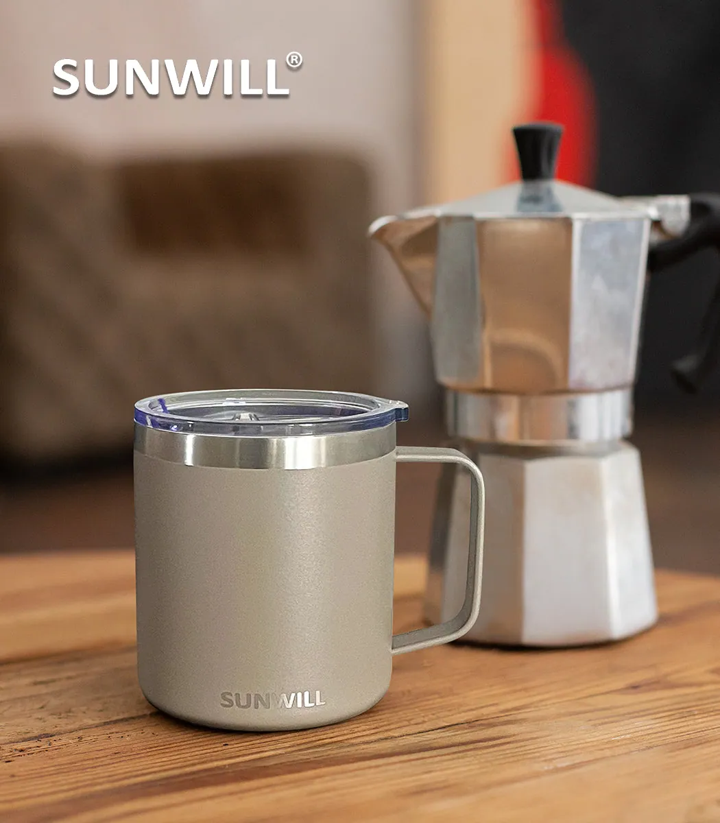 A 14 oz mug beside a moka pot: the shape we kept remaking until the handle cleared a knuckle.