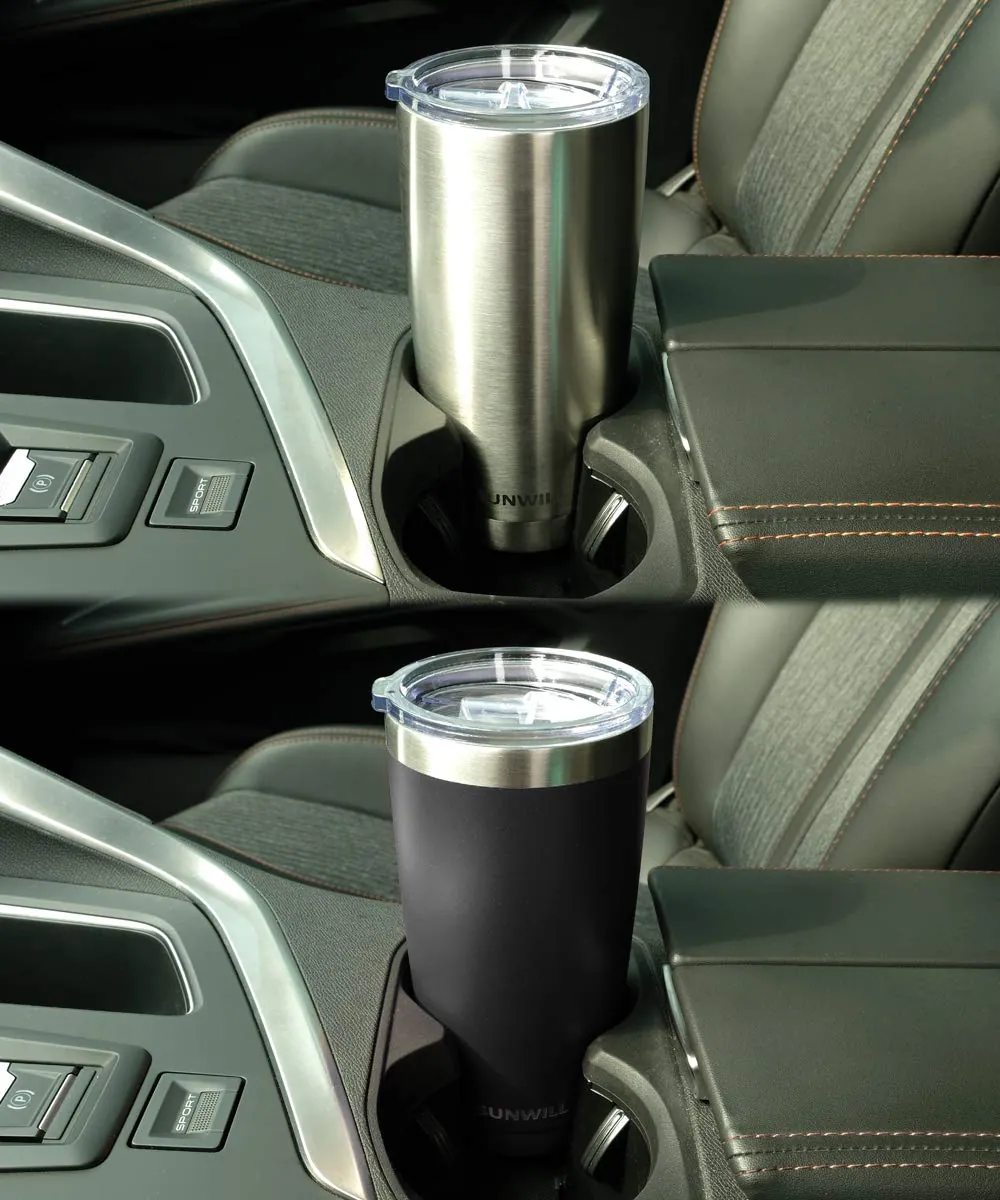 A 20 oz travel tumbler in a car cup holder: the fit we state, photographed rather than promised.